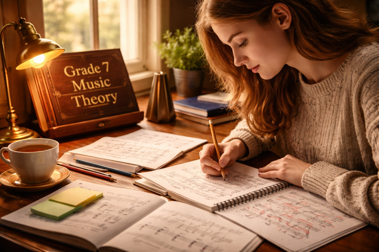 Student studying Grade 7 music theory at desk with sheet music, annotations and workbook in warm natural light
